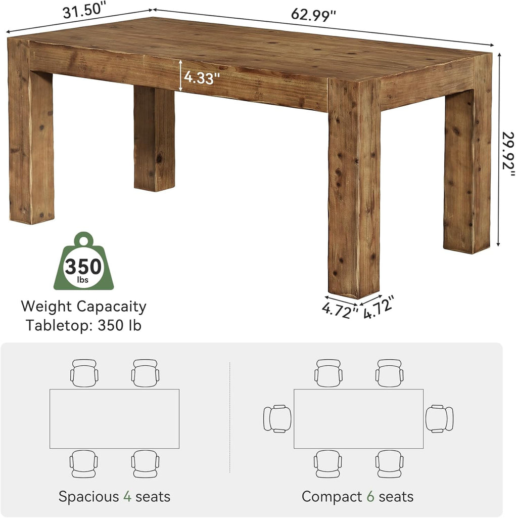 Solid Wood Dining Table for 6, 63-Inch Farmhouse Kitchen Table with Heavy Duty Legs, Rectangular Wood Dinner Table