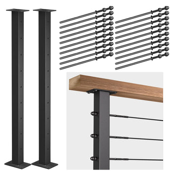 2 Pack Stainless Steel Cable Railing Post(2"×2") with 1/8 Cable Railing Kit, Level drilled (2, Black, 36 inch)