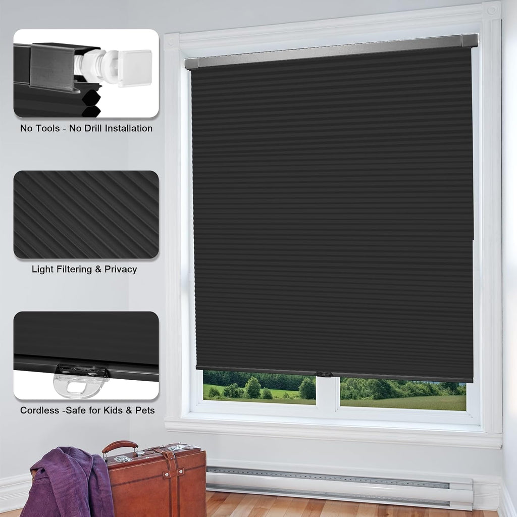 No Drill Cellular Shades Cordless Blackout Honeycomb Blinds 17"Wx36"H White
