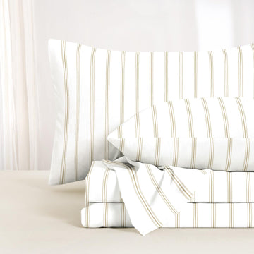 Striped Bed Sheets, 100% Cotton, 4 Pieces Sheet Set, Modern Farmhouse Ticking Vertical Pin Stripe Pattern Printed