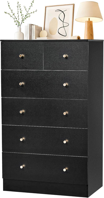 Black 6 Drawer Dresser, Rose Gold Handle Modern Bedroom Chest | Modern Wood Storage Dresser with Anti-Tipping Device