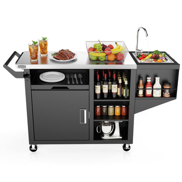 Outdoor Grill Cart on Wheel, Pizza Oven Table with Sink & Storage, 20"x42" Stainless Steel Prep Table Kitchen Island