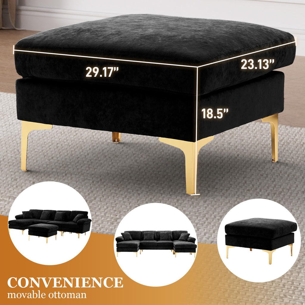 114" U-Shaped Velvet Sectional Couch with Ottoman, Black