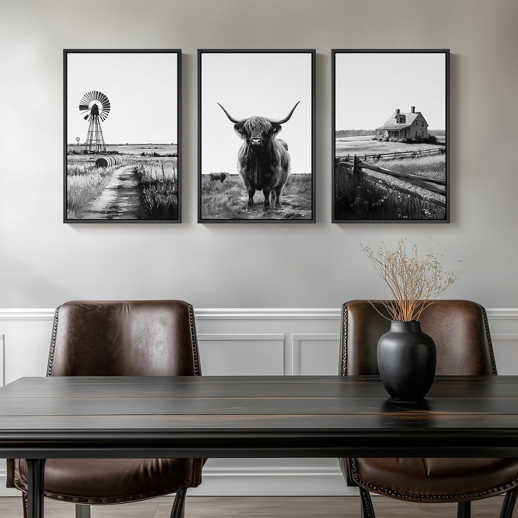 Framed Highland Cow Wall Art , 3 Piece Black and White Farmhouse Canvas Artwork for Walls, Vintage Rustic Barn