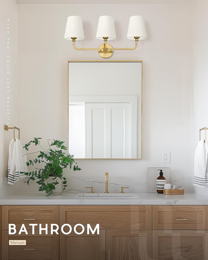 3-Light Brushed Gold Bathroom Vanity Light, Beige Fabric Shades | 24.5" bathroom light fixtures over mirror, upward