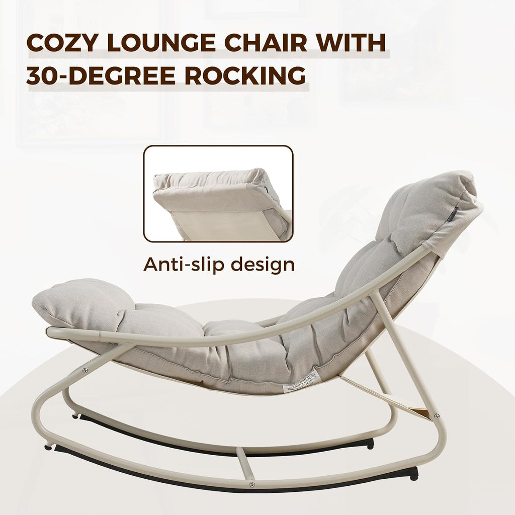 Rocking Chair with Cushion for Indoor and Outdoor, Beige | Metal Lounge Rocking Chair with Thick Cushion, Comfy