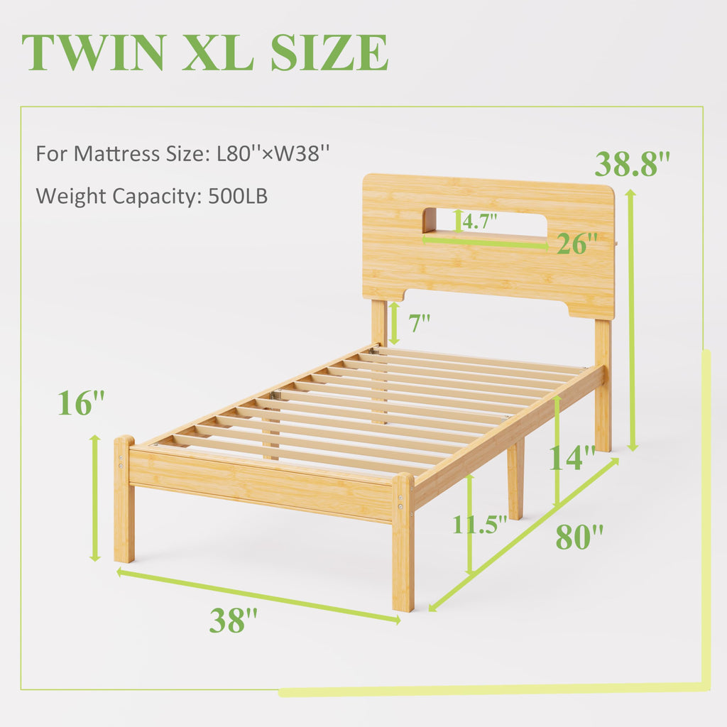Solid Bamboo Wood Twin XL Bed Frame with Storage Headboard, 14 inch Platform Twin XL Bed Frames No Box Spring Needed