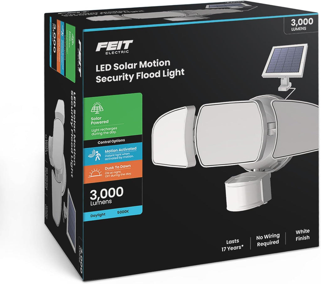 Outdoor LED Triple Head Solar Security Flood Lights with Motion Sensor, Dusk-to-Dawn Sensor, 3000 Lumens Floodlight