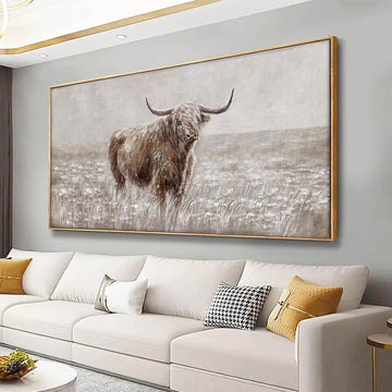 Farmhouse Highland Cow Wall Decor on Canvas with Framed Large Landscape Brown Artwork Living Room Office Decor