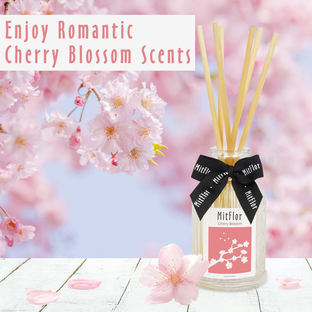 Cherry Blossom Reed Diffuser Set, Premium Home Fragrance Diffuser with 6 Natural Rattan Sticks, Romantic Floral