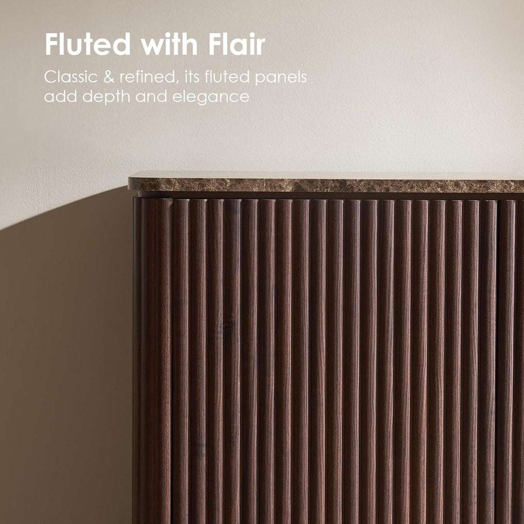 34" Fluted Sideboard Cabinet with Storage, Modern Buffet Cabinet, Dark Oak | 2 Doors Coffee Bar Cabinet with Shelves