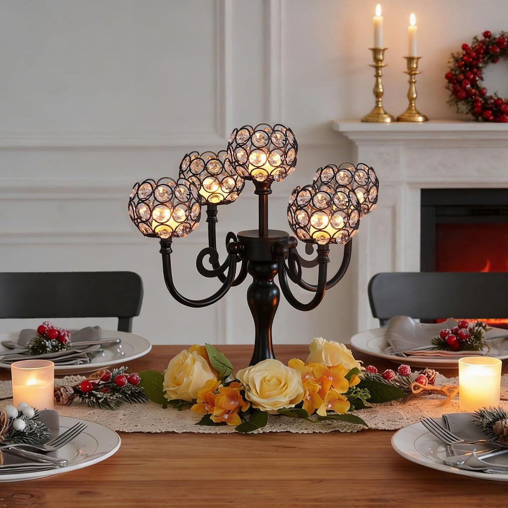 5 Arm Metal Crystal Candelabra Centerpiece - 13.4 Inch Elegant Candle Holder with Crystal Beadsable Decoration (2