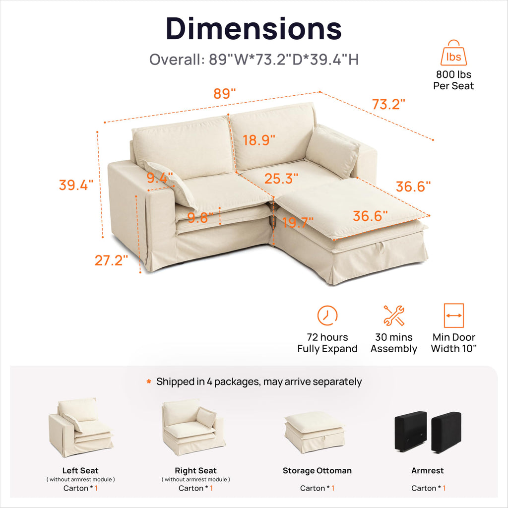 89" Washable Oversized Modular Sectional Sofa Couches, Beige