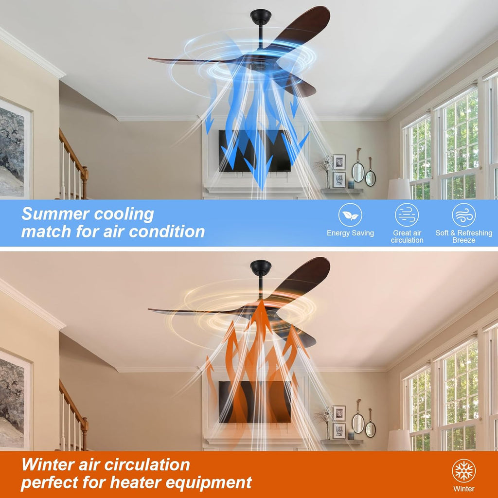 60'' Solid Wood Blades Ceiling Fan without Light,Quiet and Large Airflow with Speed Memory Function