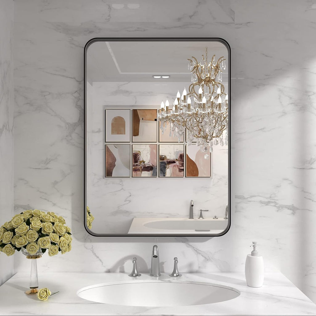Black Metal Framed Bathroom Mirror for Wall, 22X30 Inch Rounded Rectangle Mirror, Matte Black Bathroom Vanity Mirror