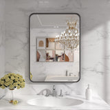Black Metal Framed Bathroom Mirror for Wall, 22X30 Inch Rounded Rectangle Mirror, Matte Black Bathroom Vanity Mirror