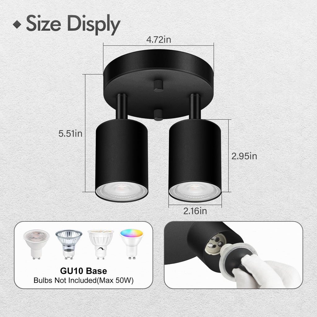 2 Light Track Lighting Fixtures Ceiling, Matte Black Round Directional Ceiling Spotlight, GU10 Flush Mount Track