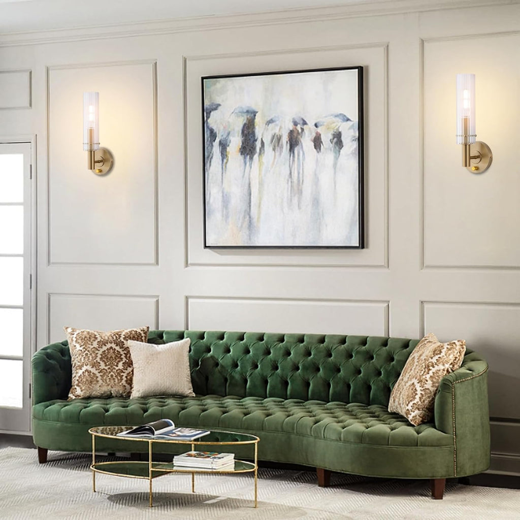 Modern Wall Sconces with Dimmer ON/Off Switch Gold Brushed Brass Bathroom Vanity Light Fixtures Striped Clear Glass