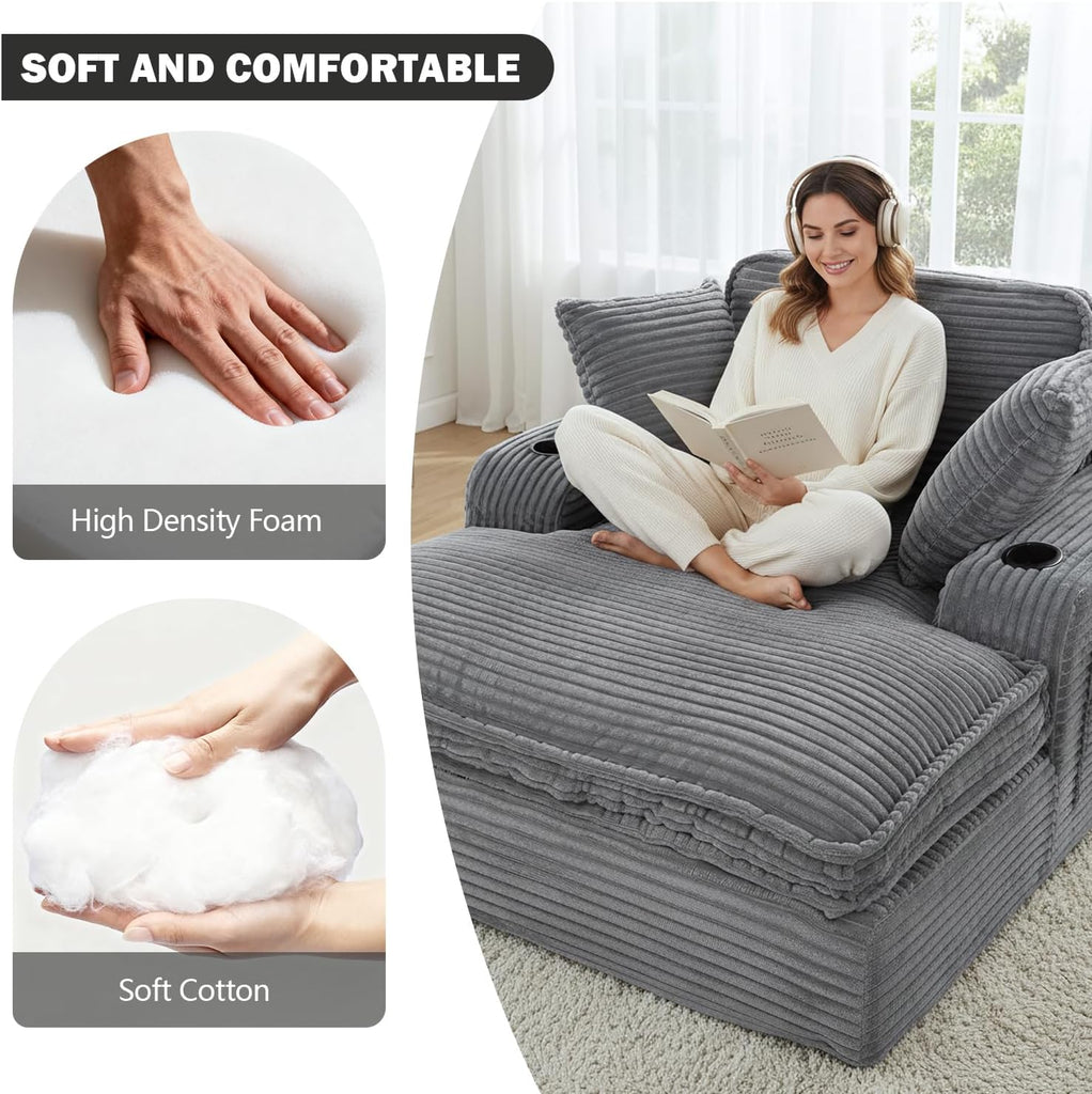 67" Oversized Chaise Lounge Chair Indoor, Soft Boneless Cloud Couch, Gray | Comfy Corduroy Sleeper Couch with 3