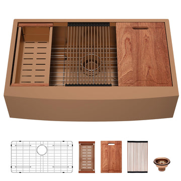 36x21Inch Copper Tone Farmhouse Kitchen Sink Workstation 16-Gauge Stainless Steel Farmhouse Sink Apron Fron