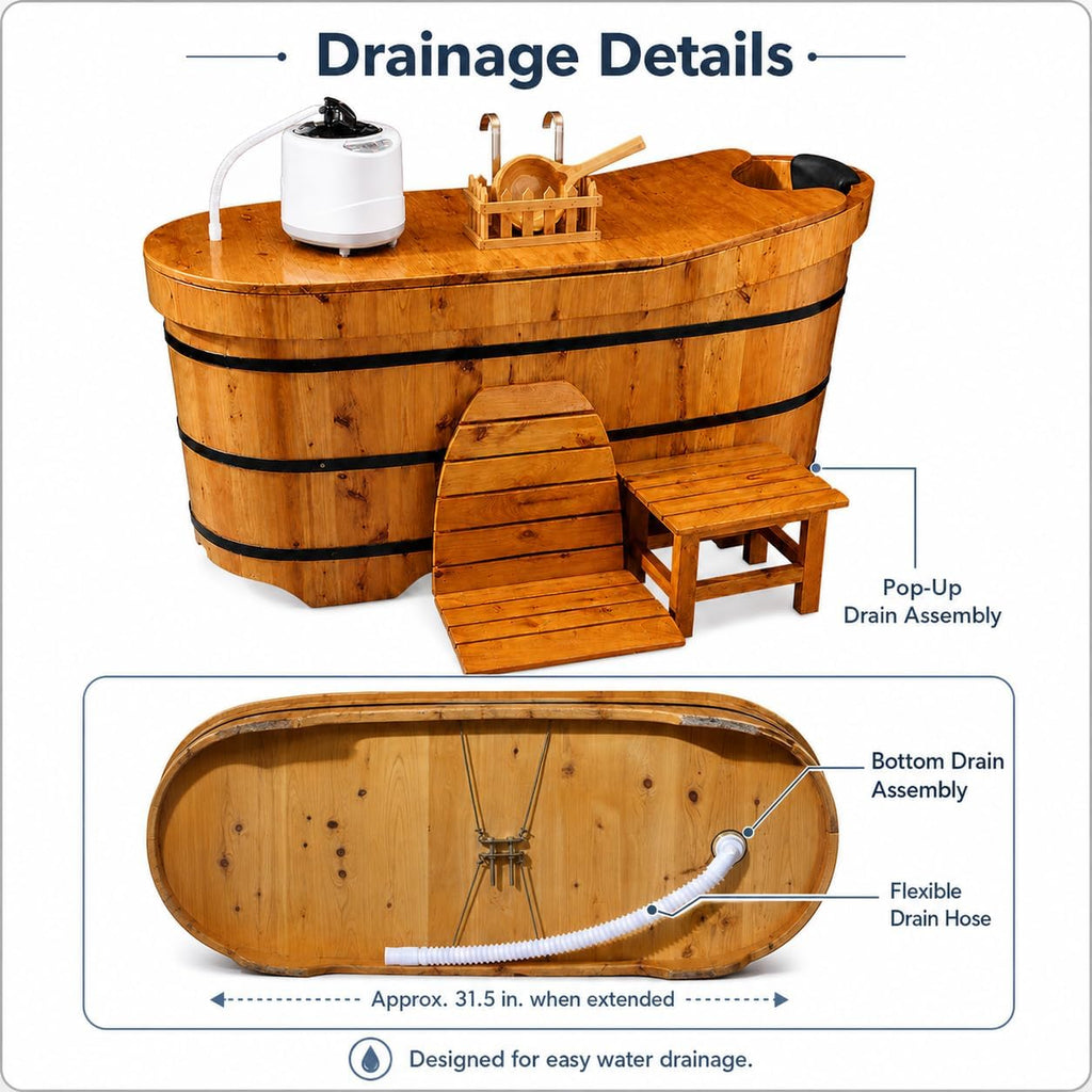 47" Cedar Wood Japanese Soaking Tub - Adult Wooden Bathtub with Steam Package & Accessories
