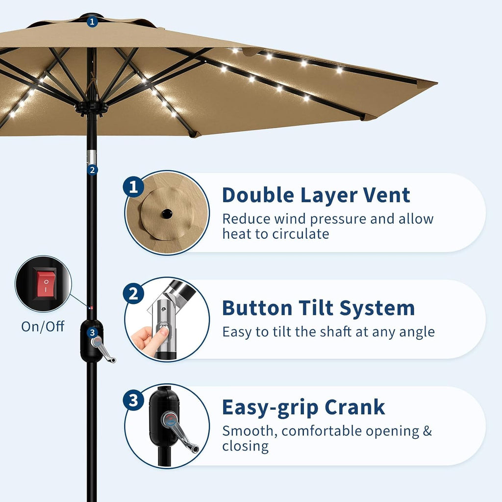 Patio Umbrella with Solar Lights, Outdoor Table Umbrella with 8 Durable Ribs, Tilt & Crank Mechanism