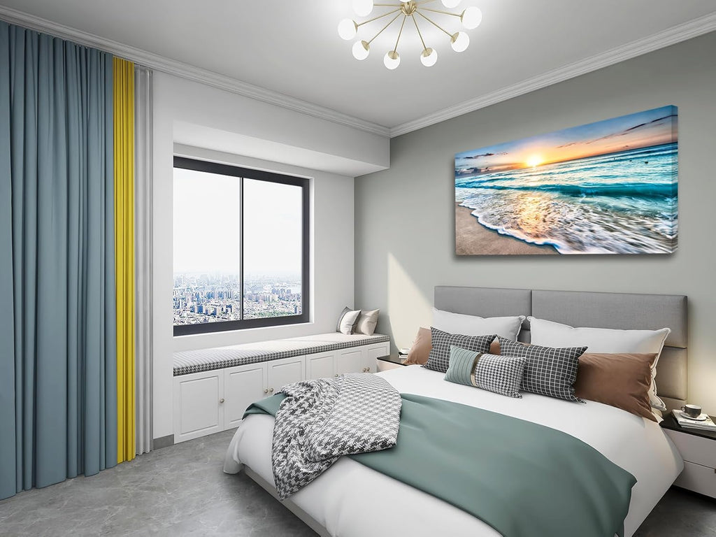 S02250 Canvas Prints Wall Art Beach Sunset Ocean Waves Nature Pictures Stretched Canvas Wooden Framed Bedroom and