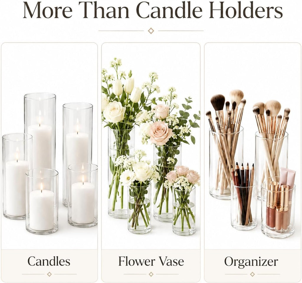 Set of 6 White Pillar Candles with Clear Glass Hurricane Holders- Elegant Cylinder Candle Vases for Weddings