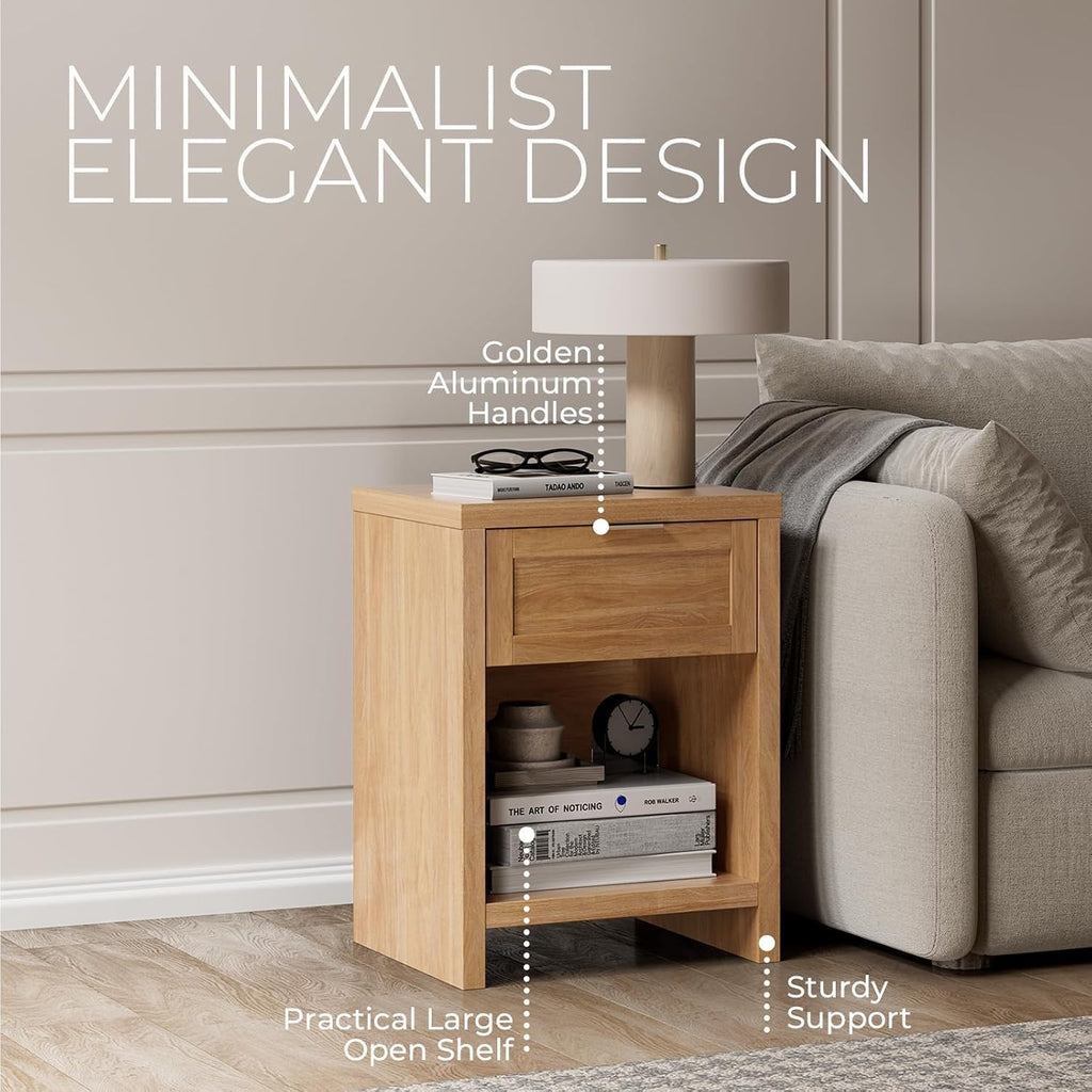 Nightstand with Drawer, Boho Bedside Table, Weathered Oak