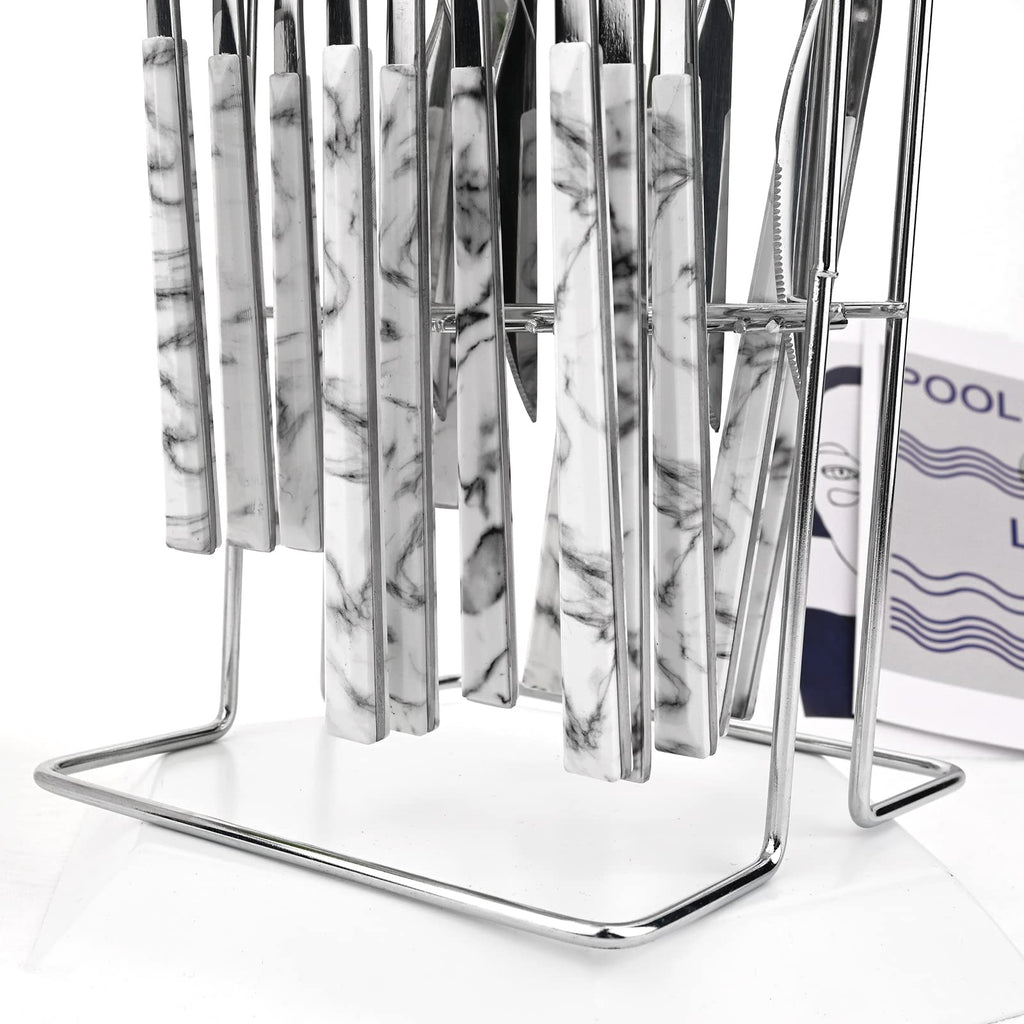 Silverware Set, 24 Piece Mirror Flatware Set With Stand, Stainless Steel Utensils With White Marble Texture Handle, A
