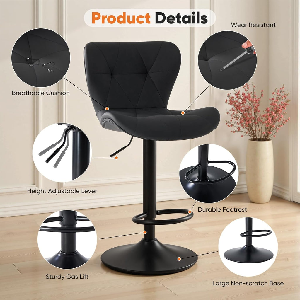 Modern Bar Stools Set of 4, Adjustable Faux Leather Upholstered Swivel Bar Stools, Counter Height Chairs with Back
