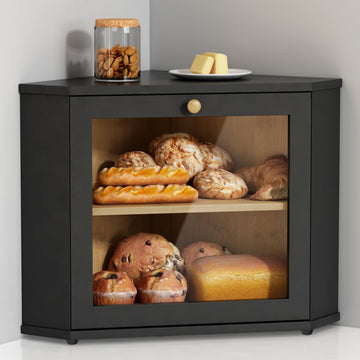Corner 2 Tier, Double Layer Black Breadbox for Countertop