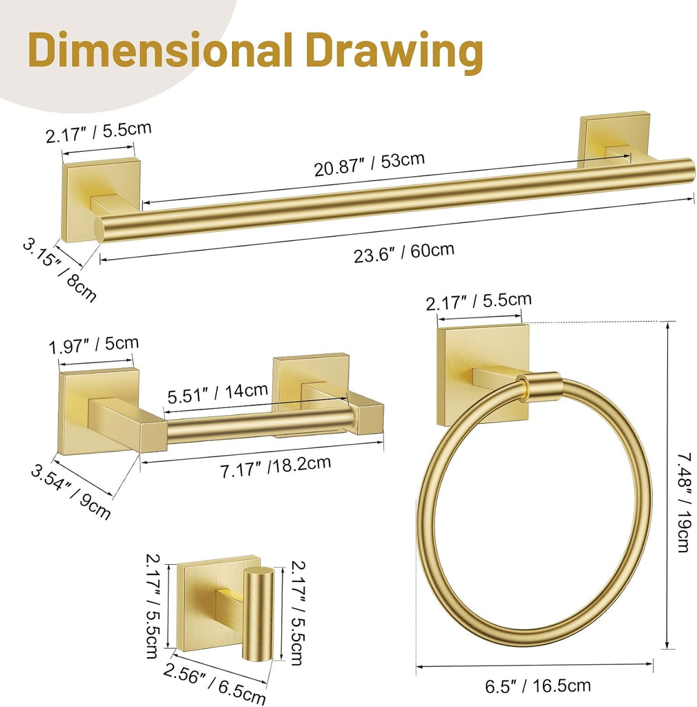 Brushed Gold Bathroom Accessories, Towel Bar Set Wall Mounted | 5 Pieces Bathroom Hardware Set, SUS304 Stainless