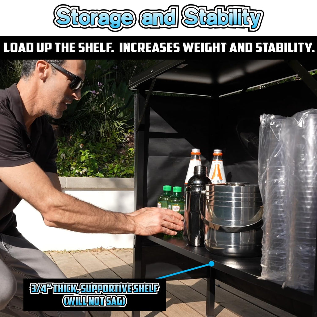 PartyLife NEW & Improved Portable Bar Table w/LED Lights, Folding Steel Legs, 2 Bar Skirts, Supportive Storage Shelf
