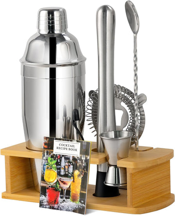 8-Piece Cocktail Shaker Set with Wooden Stand Bartender Kits Bar Set - Set of 8