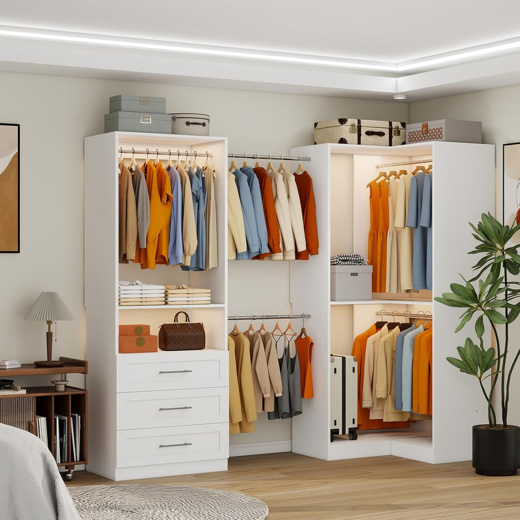 Closet System with 3 Wooden Drawers, 4.5-6FT Corner Closet Organizer System for Walk in Closet, Heavy Duty Modular
