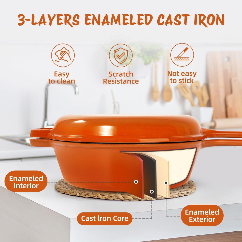 2 in 1 Dutch Oven & Skillet Combo, 3QT Enameled Cast Iron Dutch Oven Pot with 1.5QT Skillet Lid, Versatile Pots for