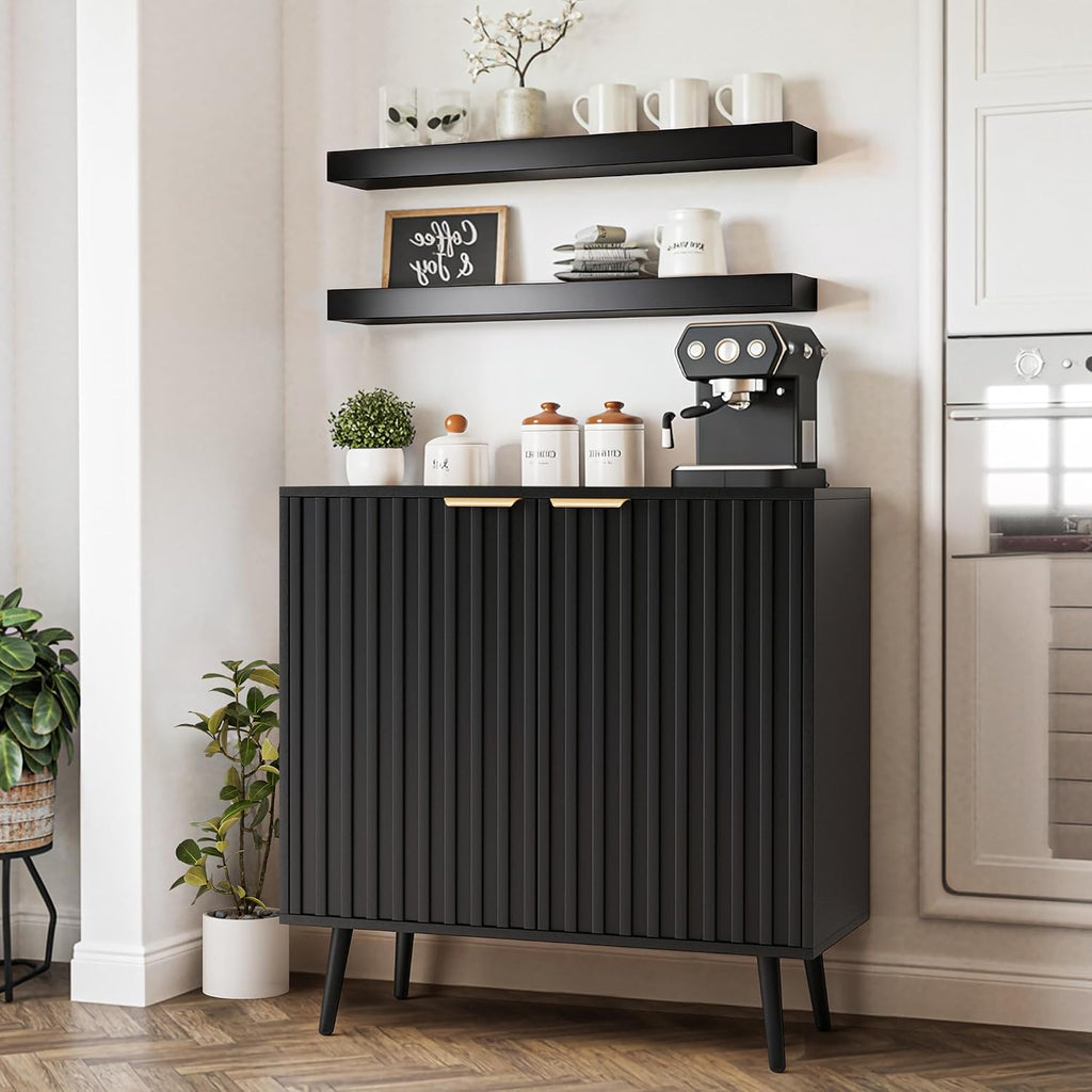 Black Fluted Buffet Cabinet, Free Standing Sideboard with Storage, Wood Accent Cabinet with Doors & Shelf, Modern