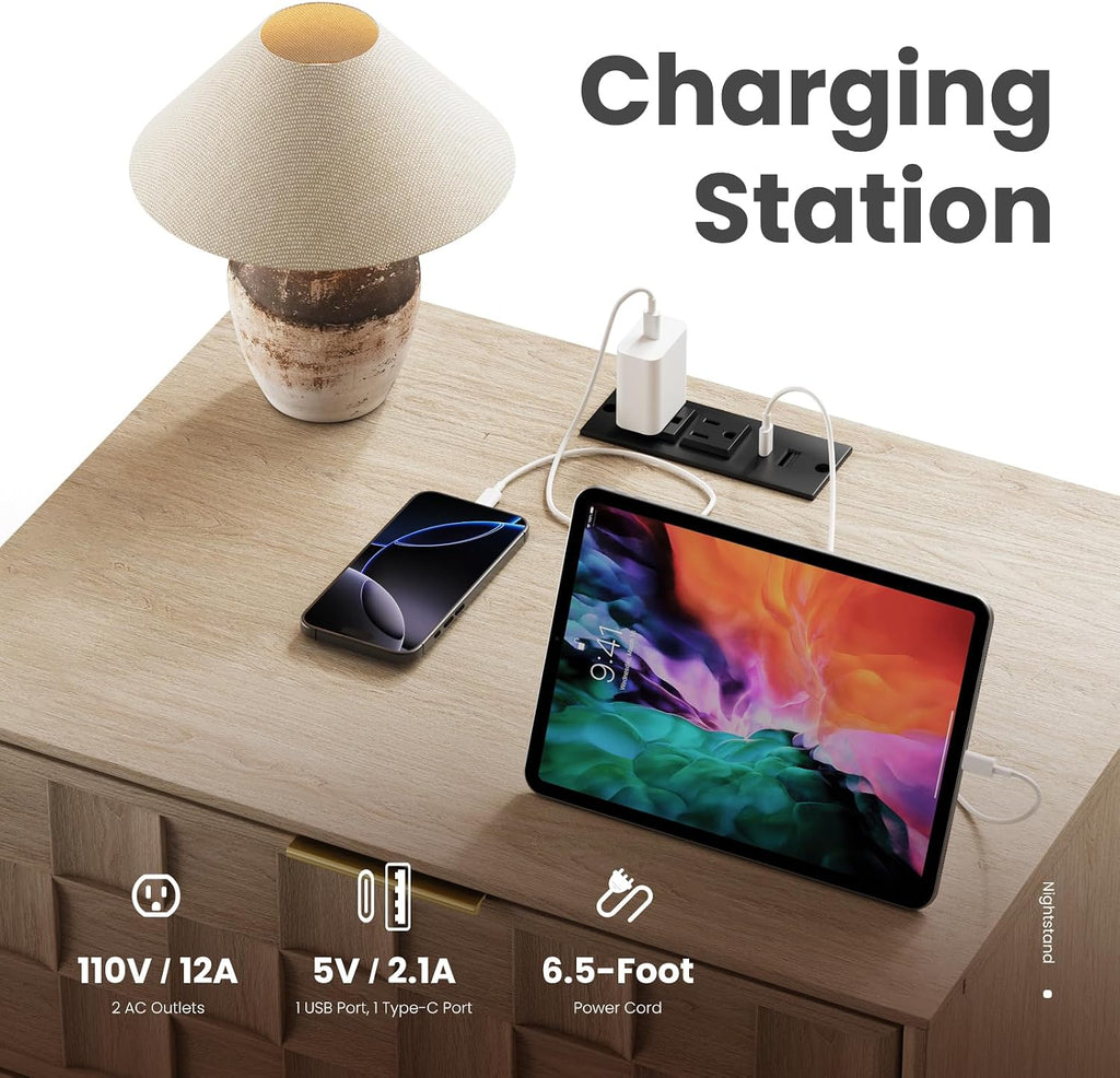 Night Stand with Charging Station Set of 2, Modern Nightstand Bedside Table, Wooden 2 Drawers Dresser, with