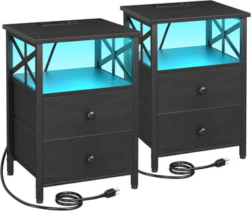 Nightstands Set of 2 with Charging Station, LED Night Stand with 2 Storage Drawers, End Tables with USB Ports and