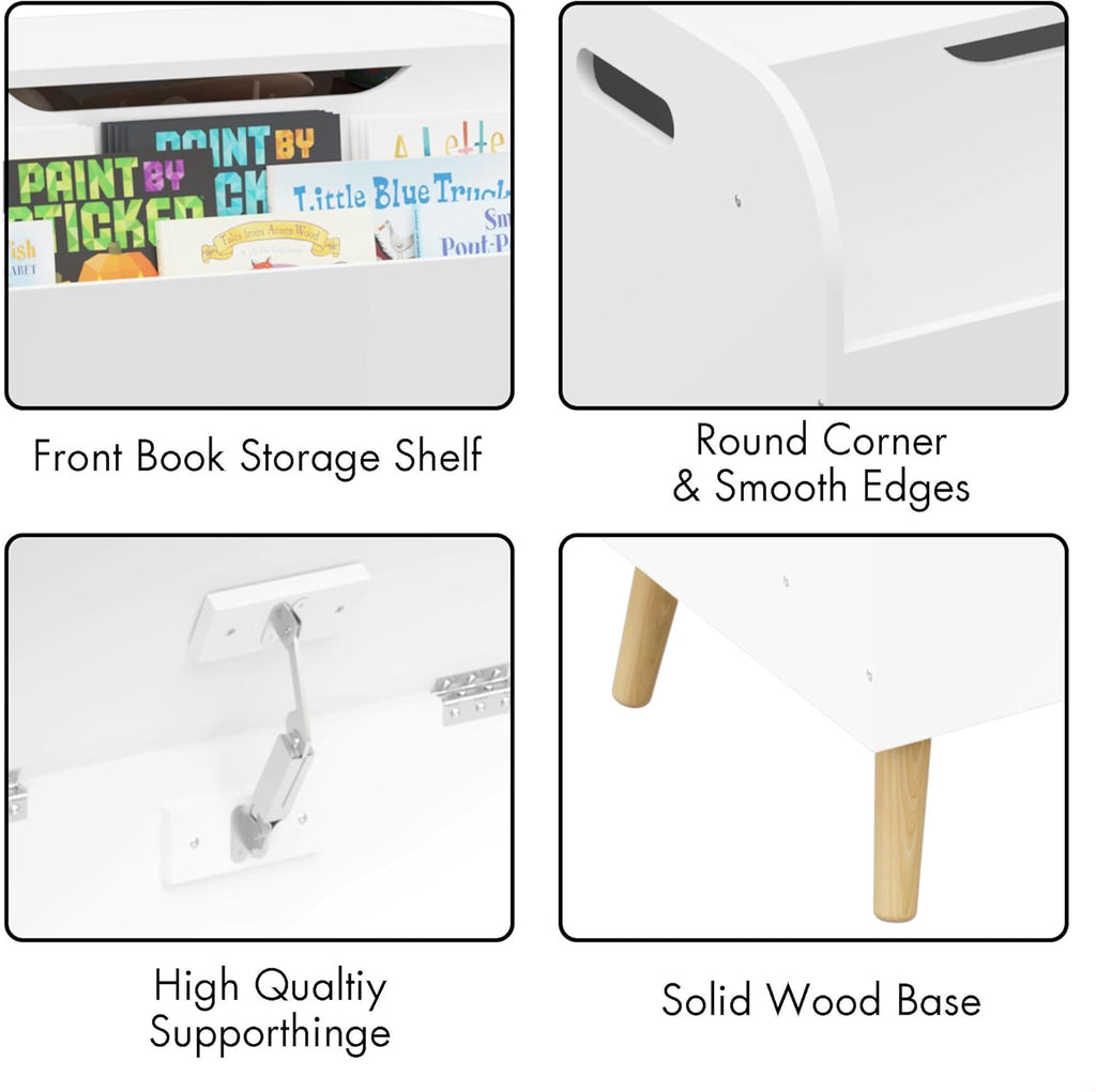 Large Toy Box Storage with 4 Wood Legs, Kids Toy Organizer with Front Bookshelf, Flip-Top Lid, Safety Hinge, Wooden