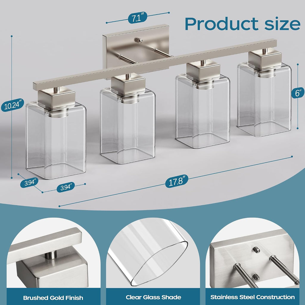 4-Light Bathroom Light Fixtures, Brushed Nickel Modern Vanity Lights, Bathroom Lighting Fixtures Over Mirror, Square