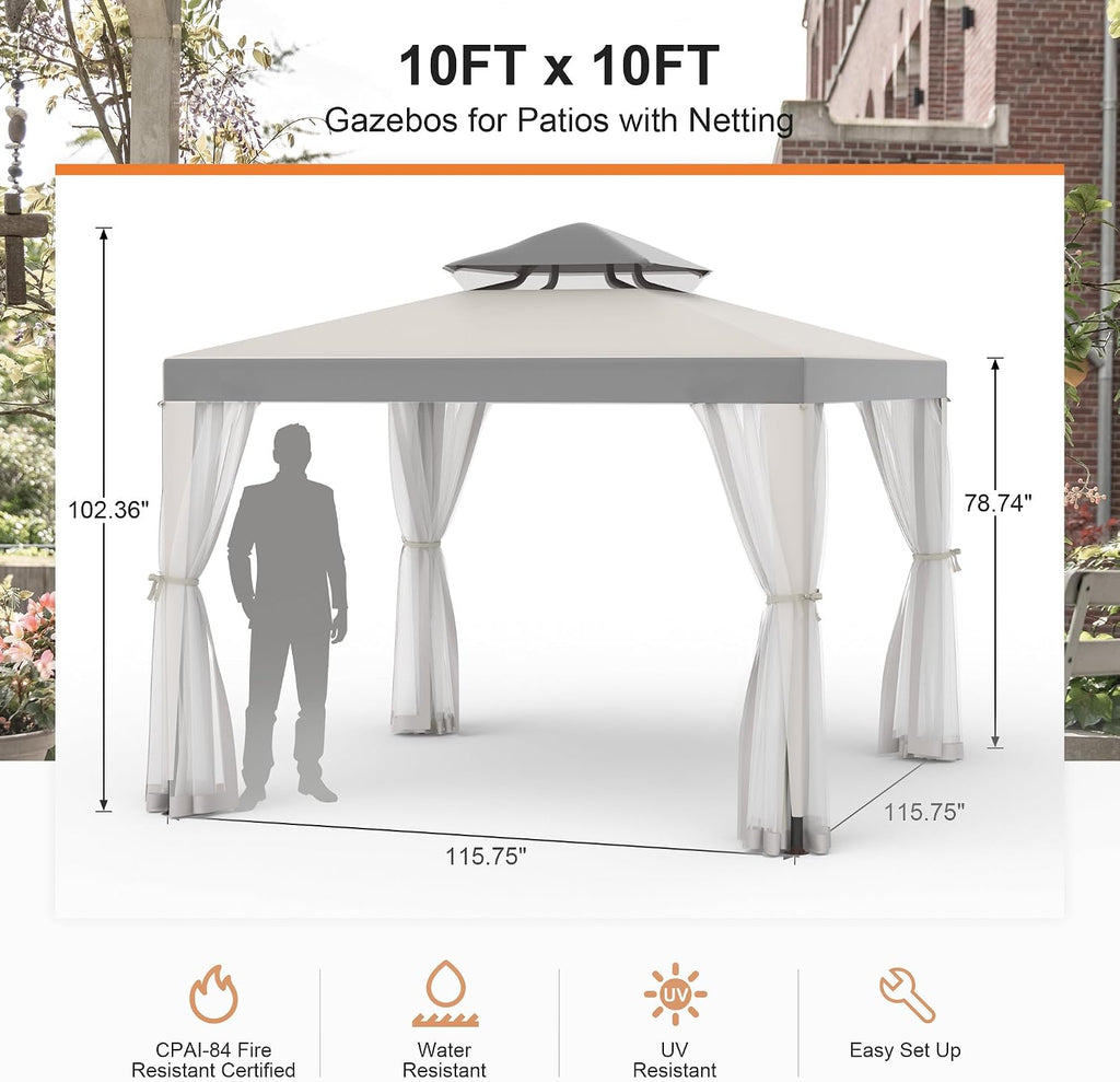 Patio Gazebo Tent Outdoor Canopy Shelter 10'x10' with Removable Netting,100 Square Feet of Shade and Lawns (Gray)