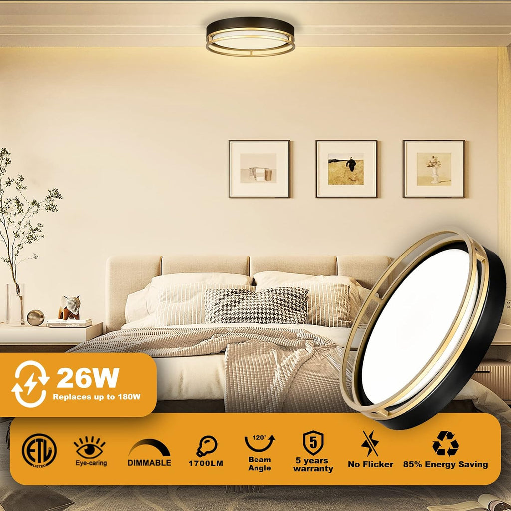 12.5 Inch LED Flush Mount Ceiling Light Fixture, 26W, Super Bright 1700 Lumens, 3 Color 3000K/4000K/5000K, Dimmable
