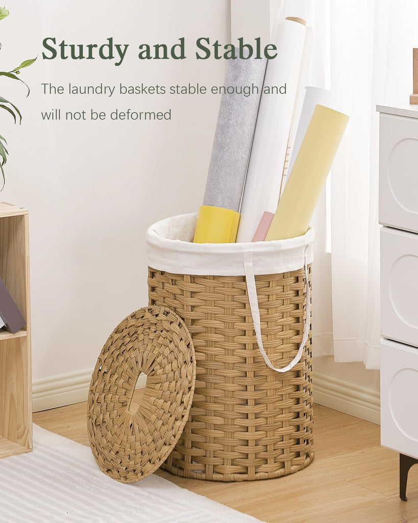 Laundry Hamper with Lid Laundry Basket with Lid 72L, Natural | 19 Gal Round PE Rattan Hamper with Lid, Removable
