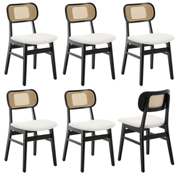 Rattan Dining Chairs Set of 6 Black Linen Fabric Dining Room Chairs Natural Wooden Kitchen Chairs Farmhouse Boho