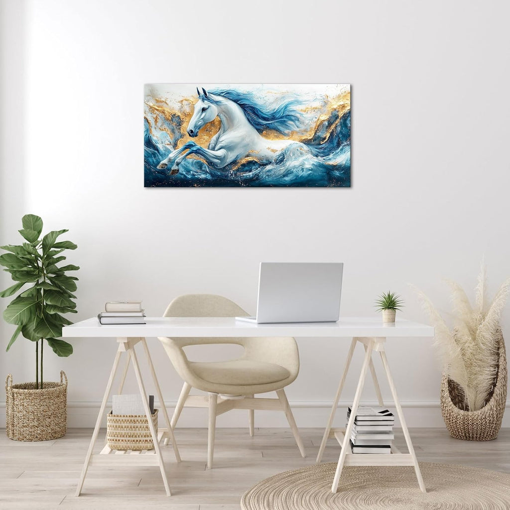 Abstract Horse Wall Art Modern Blue and Gold Sea Wave Animal Picture Wall Decor Canvas Prints Ocean Horse Painting