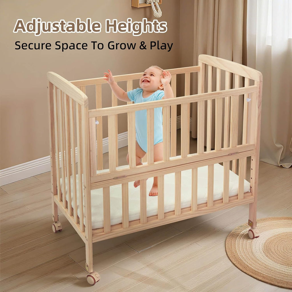 Baby Bassinet Bedside Sleeper,Portable Mini Baby Crib | Mattress Included,New Zealand Pine Wood,6 Adjustable