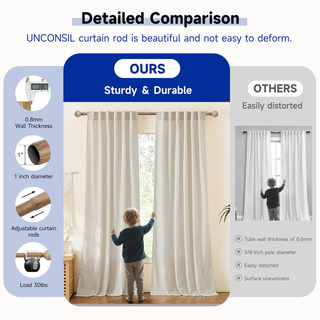 Wood Curtain Rods for Windows: 1 Inch Diameter Adjustable Heavy Duty Curtain Rod 32" to 45" with Imitation Wood Grain
