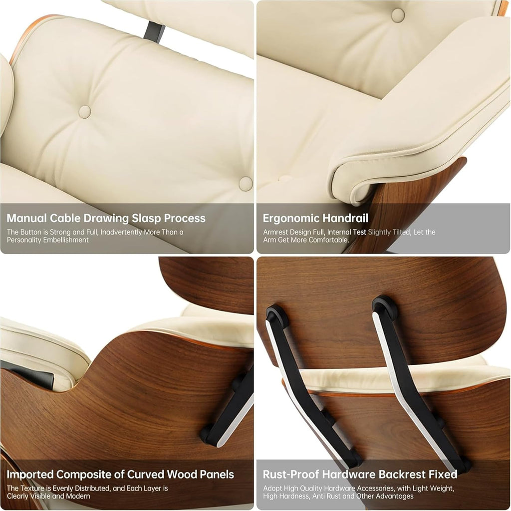Mid-Century Modern Lounge Chair & Ottoman — Cream Bonded Grain Leather, Walnut Base, Premium Tall Back